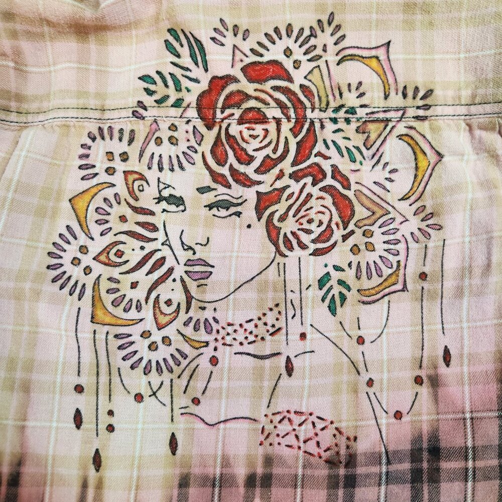 Upcycled Hand PaintedFlowers Butterflies Flannel Shirt - Bleached Red M - Picture 8 of 10